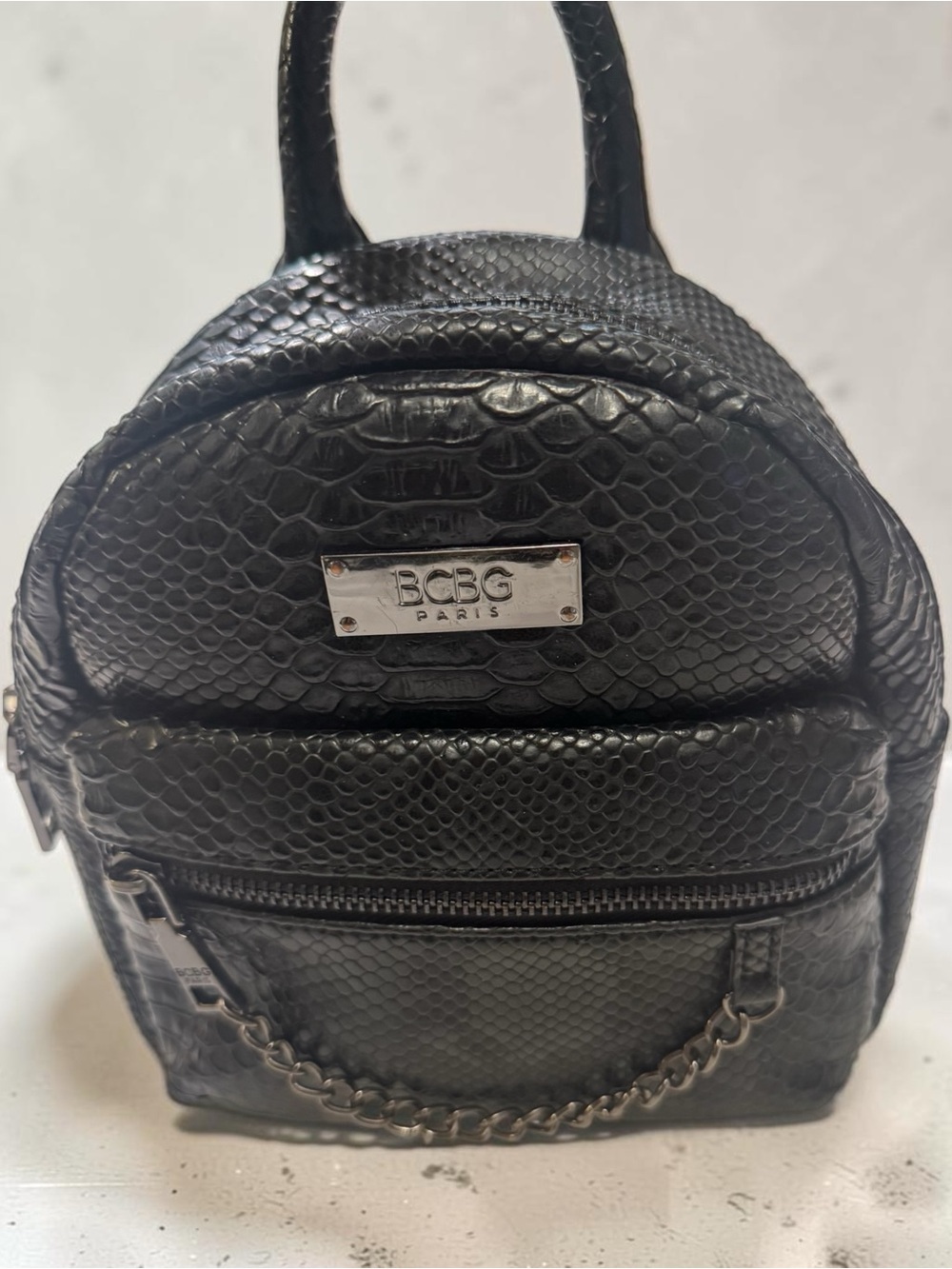 BCBG Black Faux-Snake Leather Mini Backpack